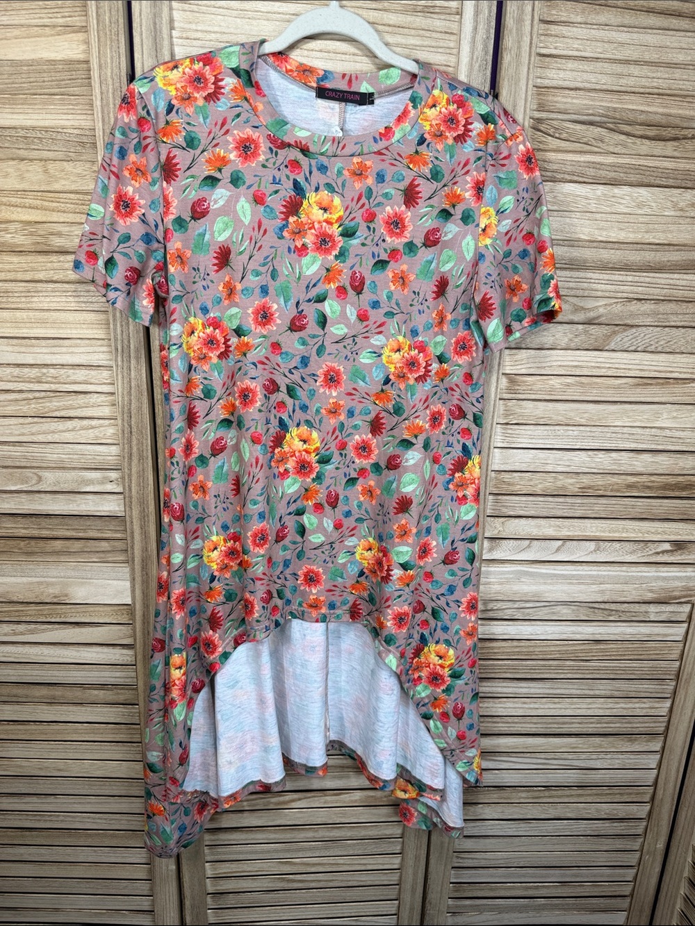 Crazy Train Coral Red Orange Yellow Green Floral High-Low Tunic Size L